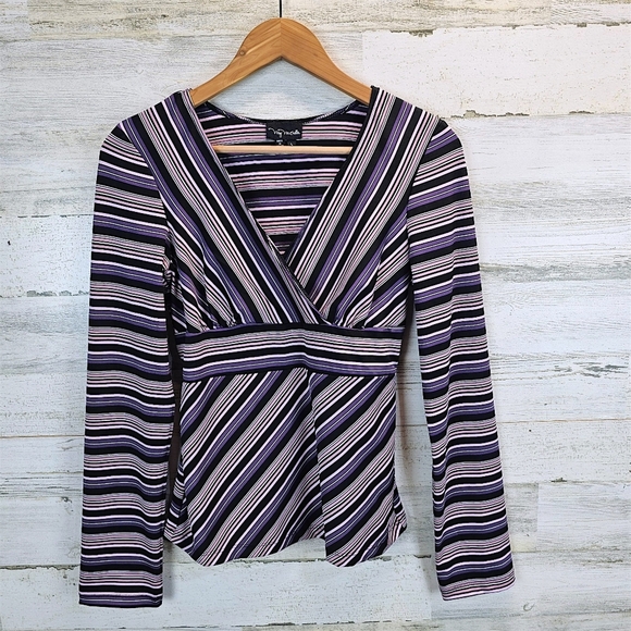 Y2K My Michelle Striped Wrap Top Long Sleeve V-Neck Retro Stretch Blouse Large - Picture 10 of 14